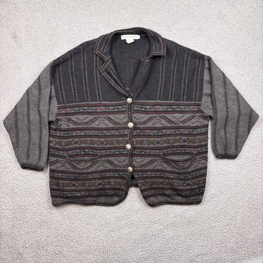 VTG Nicole Farhi Sweater Womens Small Gray Wool Cardigan Fair Isle Collared